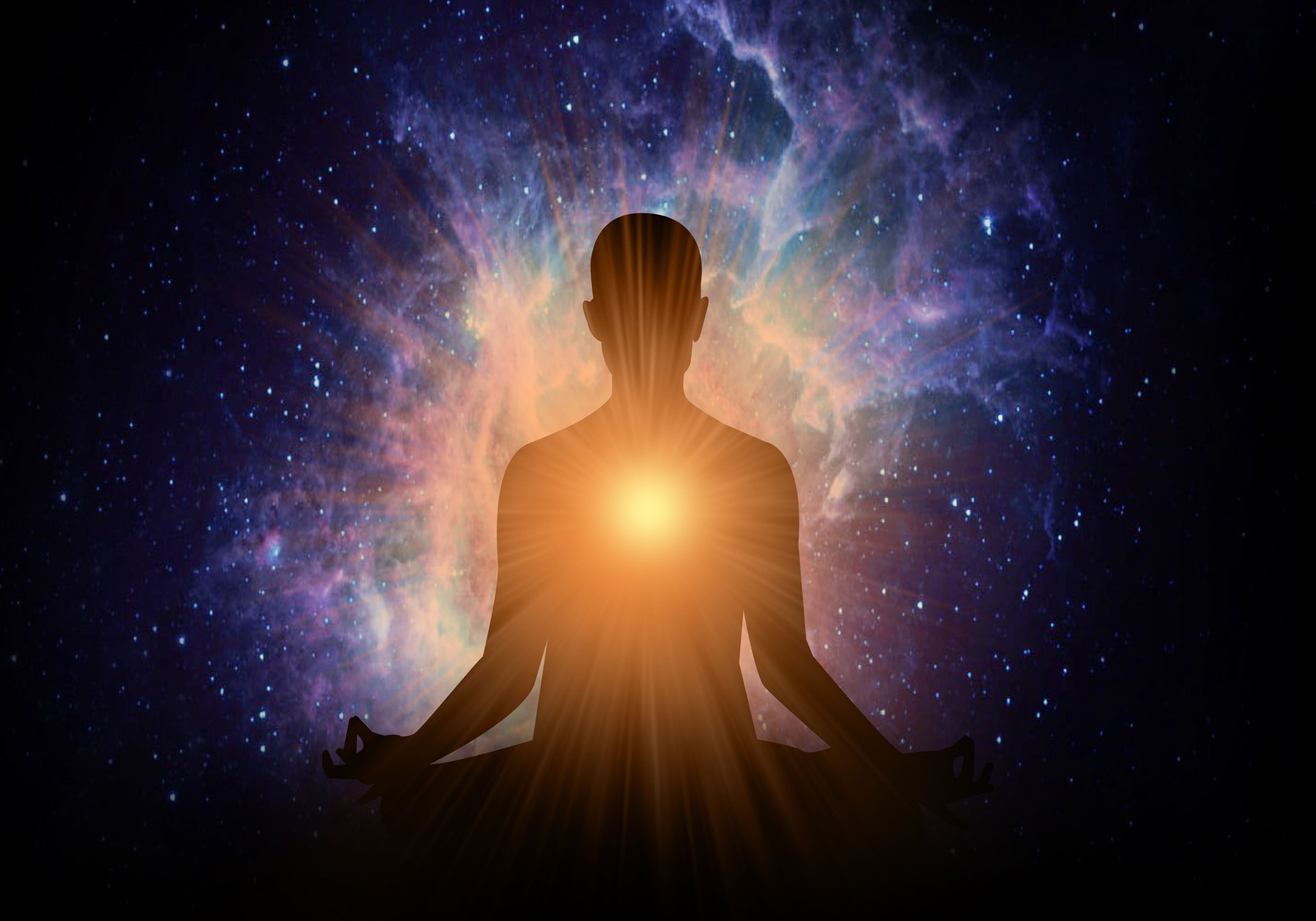 Woman and soul, spiritual well-being. Yoga lotus pose meditation with galactic nebula background.
